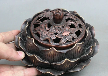 

6 Collect China Temple Pure Red Bronze Lotus Flower Incense Burner Censer Statue
