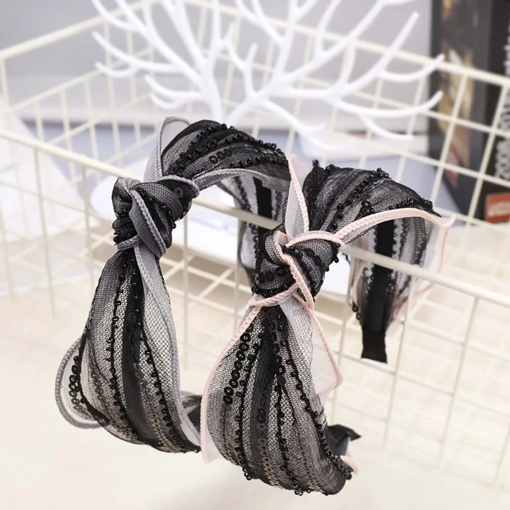 

Korean Style Simple Fabric Lace Sequin Mesh Yarn Headband Korea Handmade Bead Knot Knotting Knot Wide Side Headband