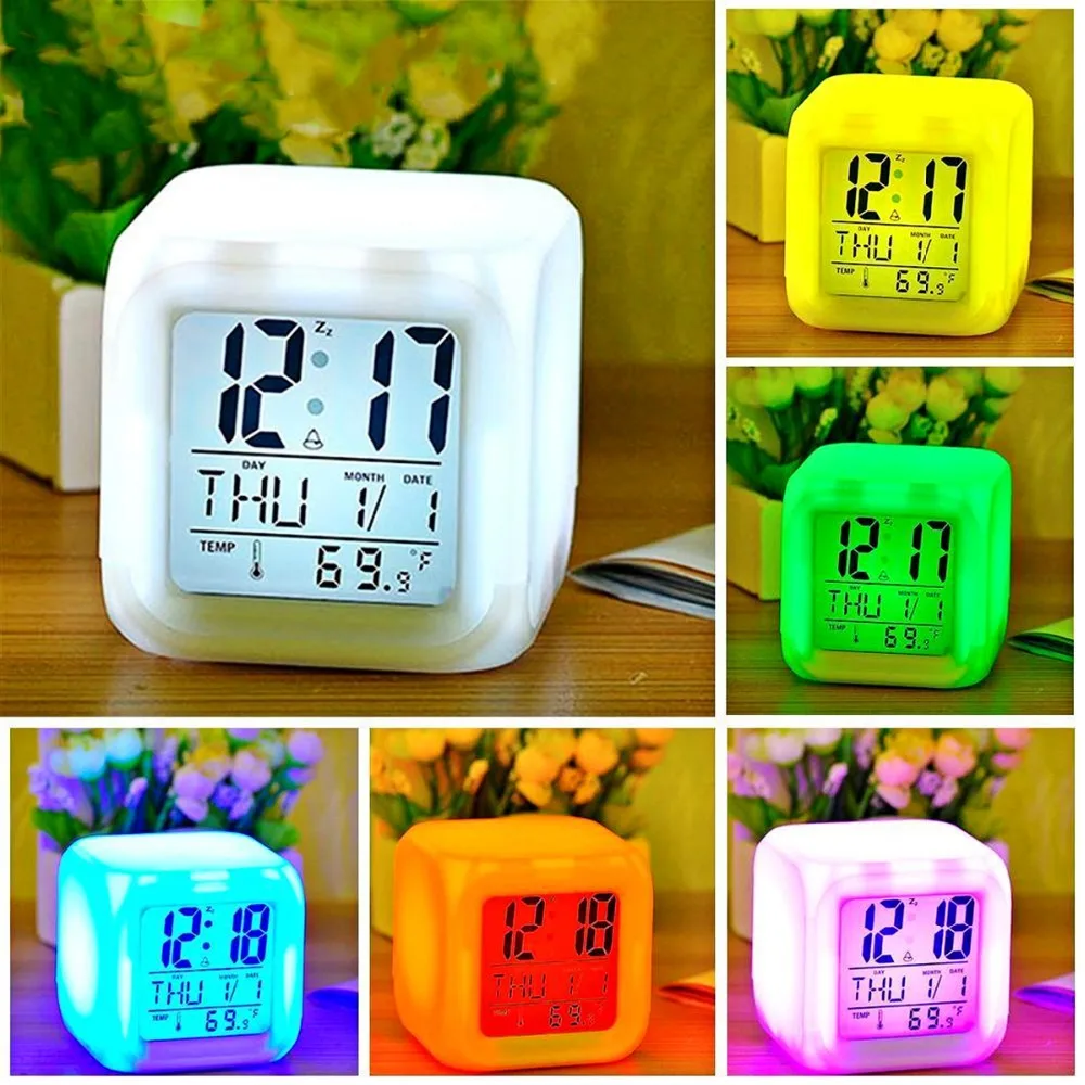 LED Color Changing Digital Alarm Clock Clocks Thermometer & Date Cube