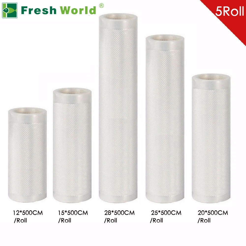 

5 Rolls/Lot Fresh World Kitchen Food Vacuum Bag Storage Bags for Vacuum Sealer Food Fresh Long Keeping 12+15+20+25+28cm*500cm