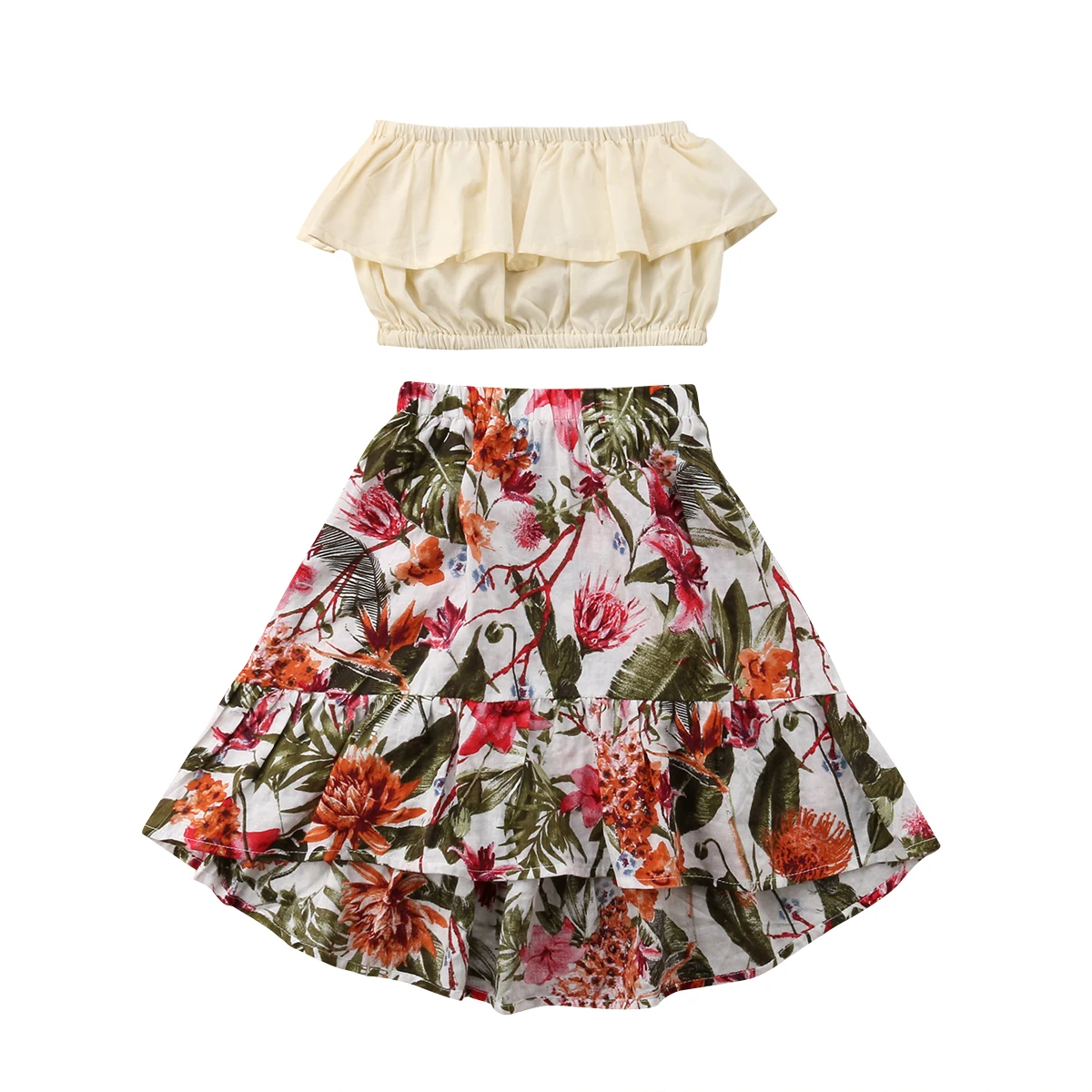 

2pcs Toddler Infant Girls Floral Outfits Off Shoulder Top+Skirt Kids Clothes Set