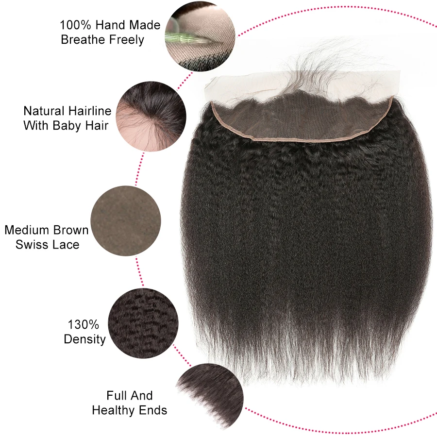 ALIPOP Pre Plucked Peruvian Kinky Straight Lace Frontal Closure With Baby Hair Remy Human Hair Natural Hairline Natural Black 1B (3)