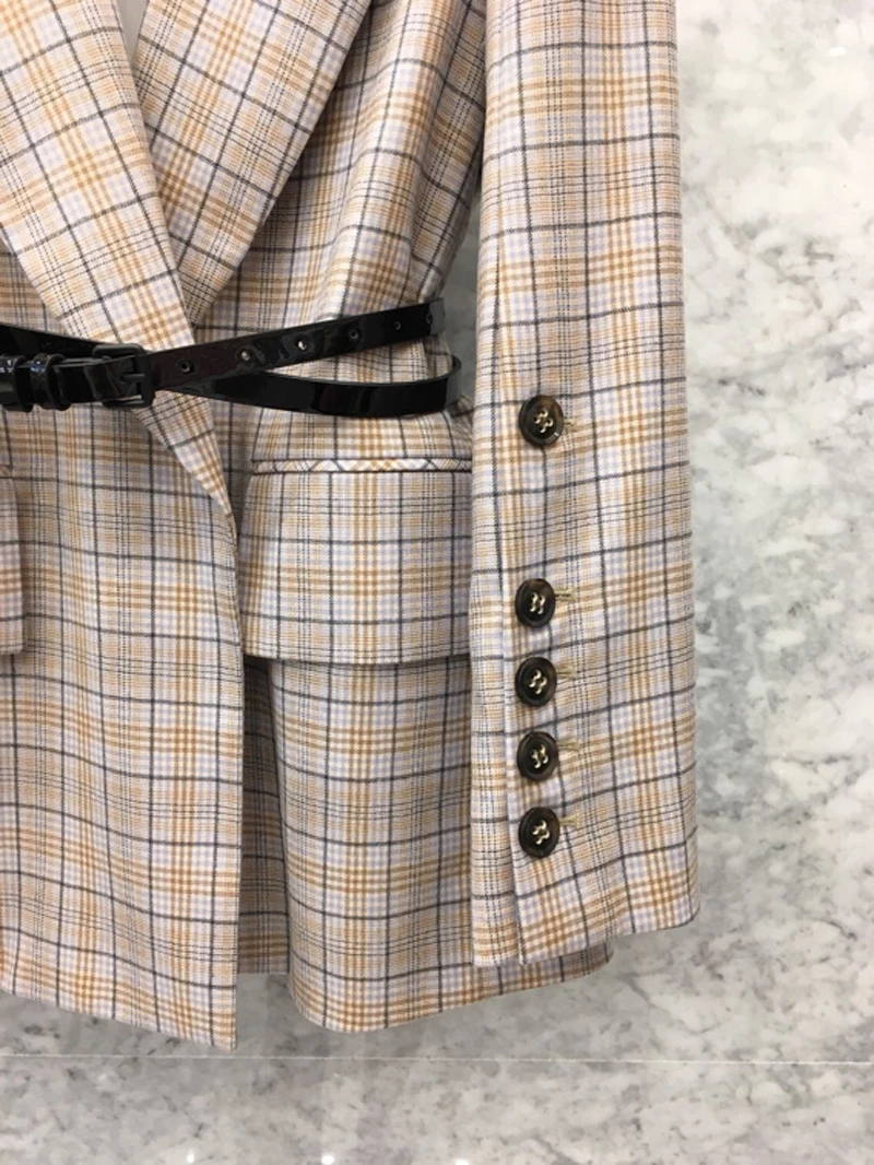 2019 New Vintage Women's Jackets Blazer Long Sleeve Sashes Elegant Office Long blazer feminino Spring Autumn Plaid Blazer Women