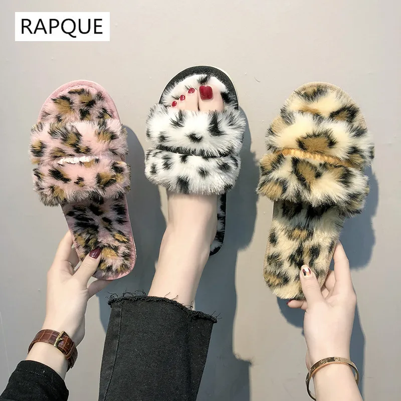 

Plush Slippers for Woman Leopard Print Women's Sandals Ladies Fur Slides Female Shoes Women Flats Pink White Khaki Casual Flops