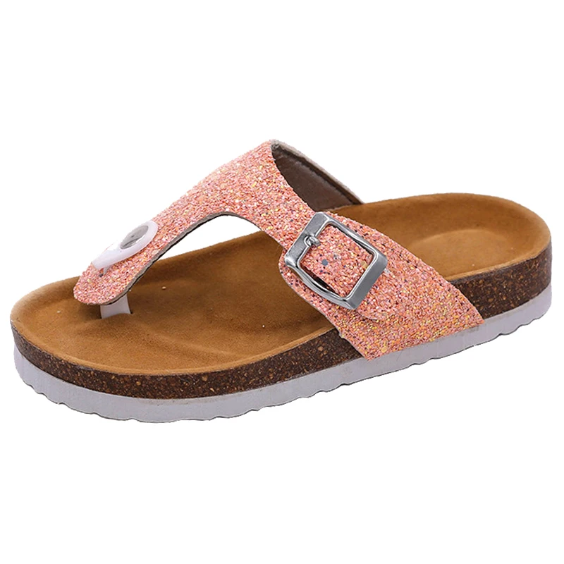 Summer Kids Slippers Fashion Comfortable Leopard Print Girls Flip Flops Bling Sequins Cork Slippers For Children Barefoot Shoes