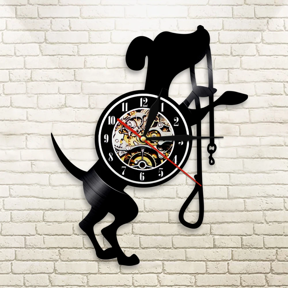 1Piece Cute Dog Vinyl Record Wall Clock Animals Vintage Led Backlight Modern Handmade Gift For