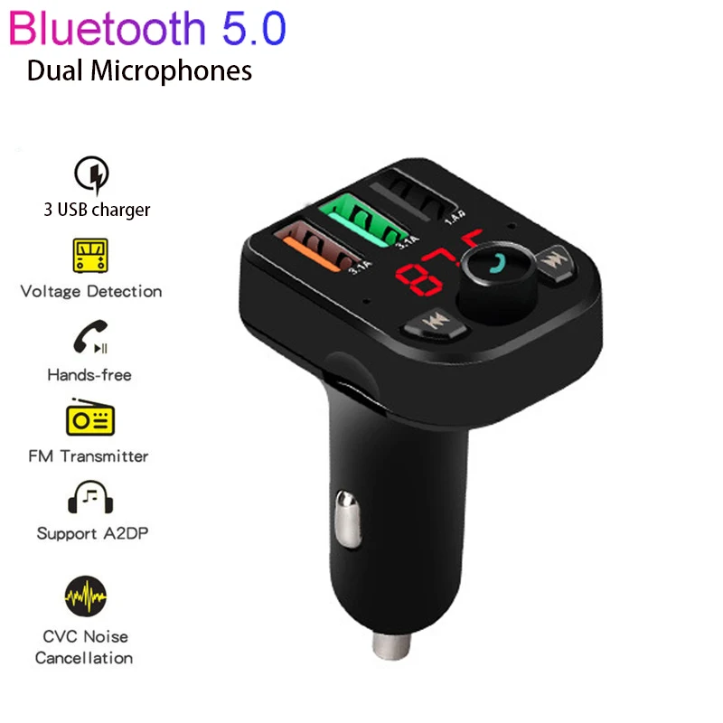 

3.1A Charger Cable Handsfree Car Kit Bluetooth 5.0 Wireless FM Transmitter LCD MP3 Player USB Charger Car Accessories Audio