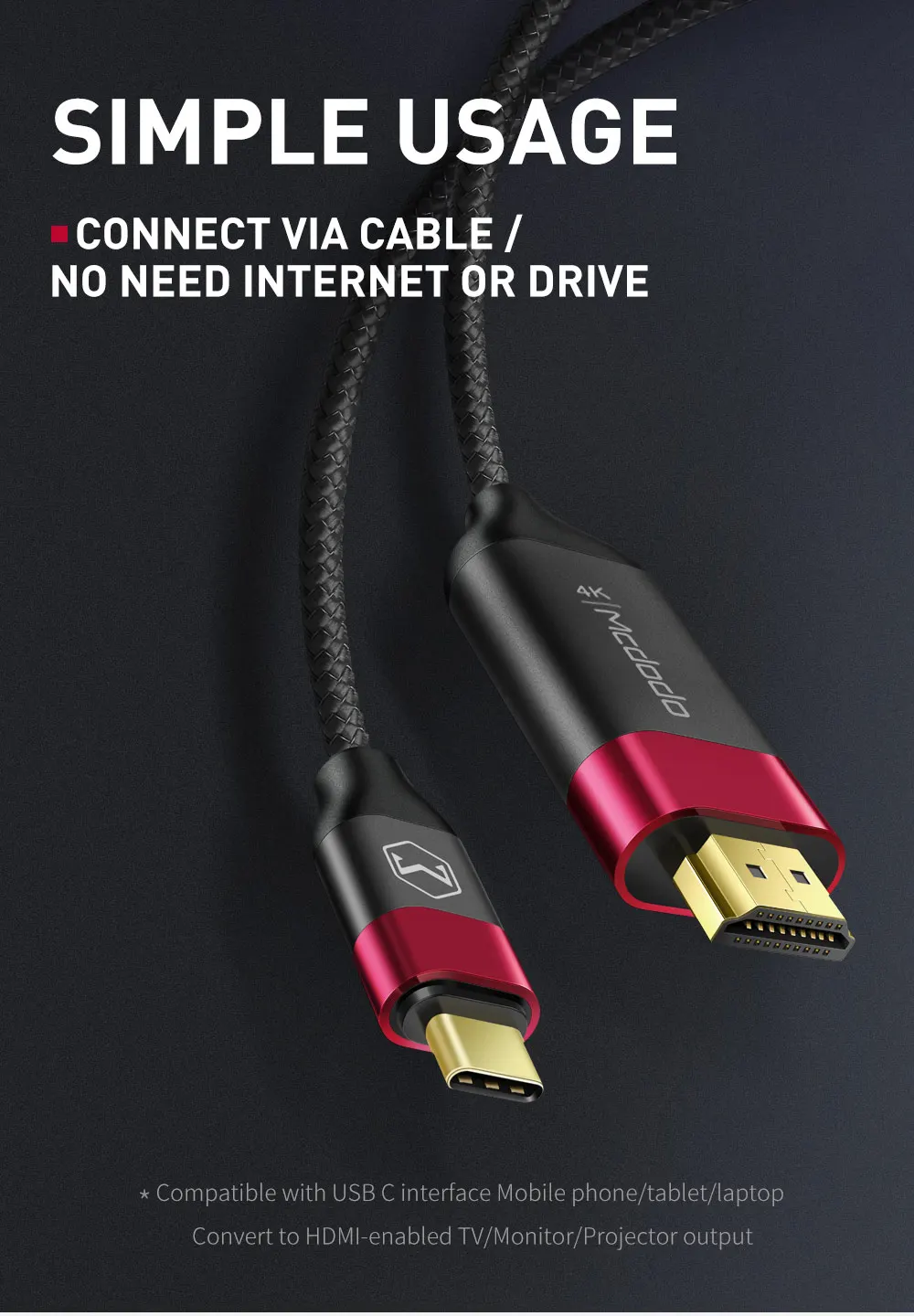 Mcdodo USB C HDMI 4K HD аудио 2 м кабель Тип C к HDMI Thunderbolt3 для MacBook samsung huawei mate 20 P20 Pro USB-C HDMI адаптер