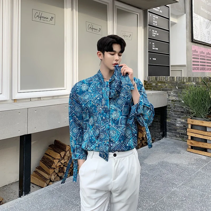 

Men Tie Bow Collar Vintage Pattern Loose Casual Flower Shirt Male Fashion Print Streetwear Hip Hop Party Dress Shirt