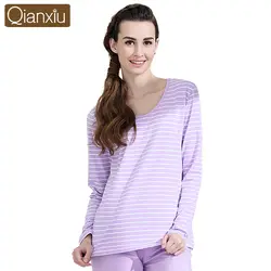 Qianxiu пижамы хлопка классические полосы о-образным шею женщины салон одежда осень зима сексуальная рукавами брюки хлопок пижама