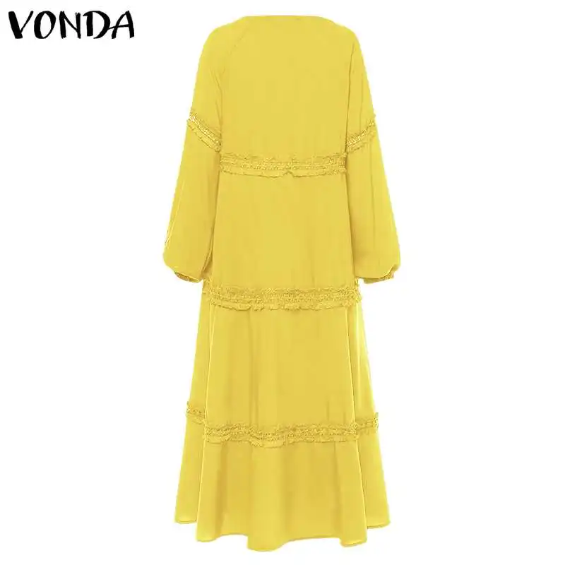 Bohemian Maxi Maternity Dress VONDA Autumn Sexy Casual Pregnancy Vestidos Lantern Sleeve V Neck Hollow Out Party Dresses