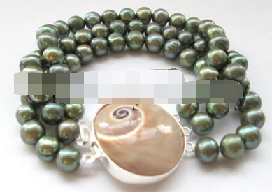 

free shipping 13402 8" 3row 8-9mm green round freshwater pearl bracelet - shell clasp