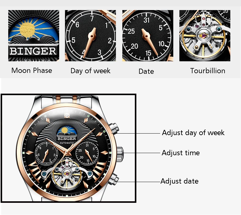 Switzerland BINGER лучший бренд класса люкс Мужские автоматические часы ролевые часы с сапфирами механический скелет relogio tourbillon