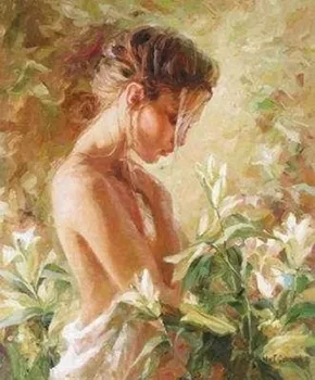 

New Handwork Modern Oil Painting Beautiful Flowers and a Naked Woman