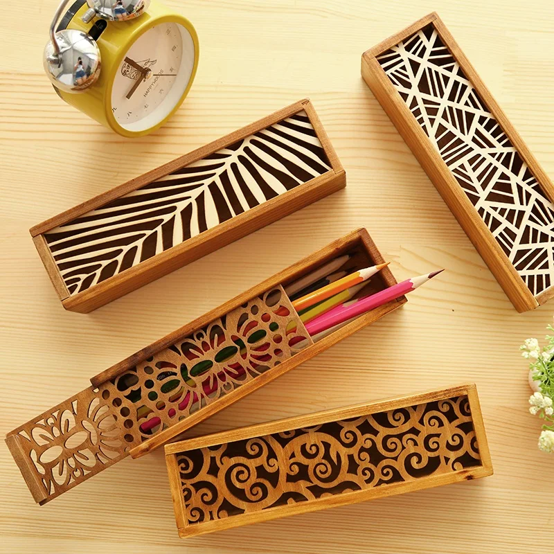 

Korean lace hollow wood stationery creative pencil box school tools storage box pencilcase vintage cute wooden pencil cases