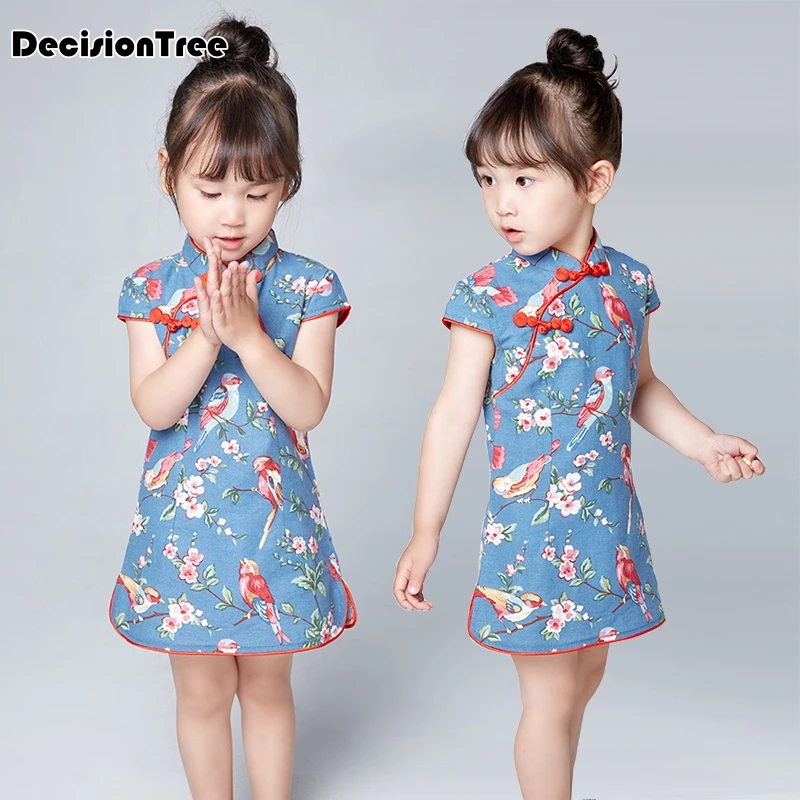 Fashion Children Girls Chinese Dress Baby Floral Print Cheongsam Dress Qipao