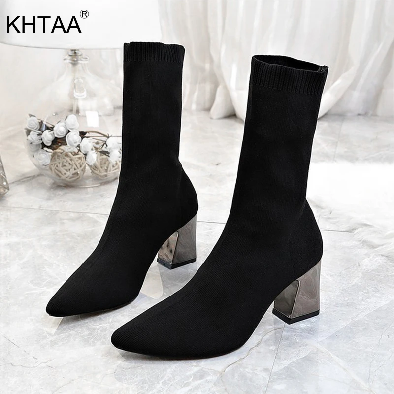 Woman Autumn Stretch Fabric Mid Calf Boots Pointed Toe Hoof Heels Party ...