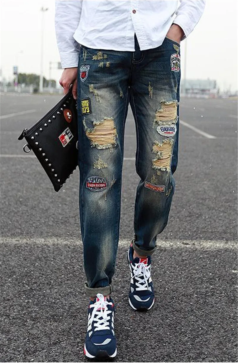 2015 Harem Men s Personality Jeans Men Ripped Jeans Male Printed Jeans Painted Pattern Denim Pants