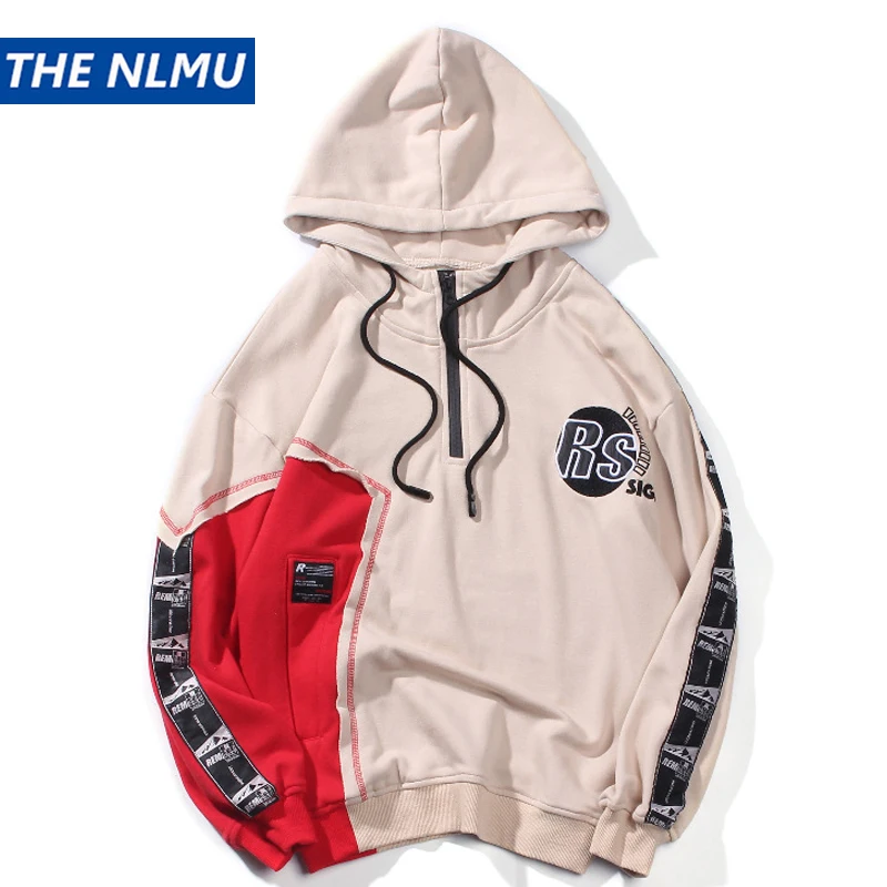

Personality Hoodies Patchwork Hip Hop Letter Print Sweatshirt Men Women Hoodie Streetwear Pullover Male Hoodies Coat Beige Q0092