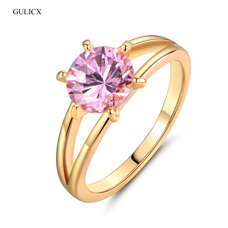 

GULICX Fashion Brand Wedding Ring Gold-color Finger Ring Simple Big Pink Crystal Cubic Zirconia Band Jewelry for Women R024