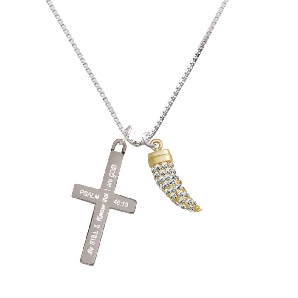 Gold Tone Large Crystal Sabre Tooth - Be Still and Know - Cross Necklace