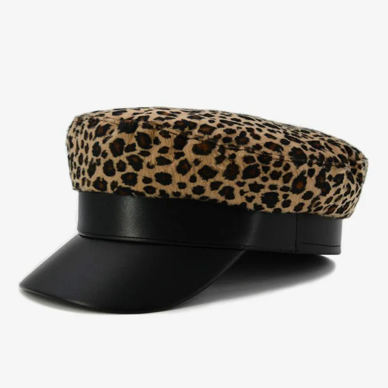 

DeePom Beret Caps Ladies Fashion Leopard Print Beret Hats For Women Flat Caps Female Military Cap Gold Color Buckle Feminina