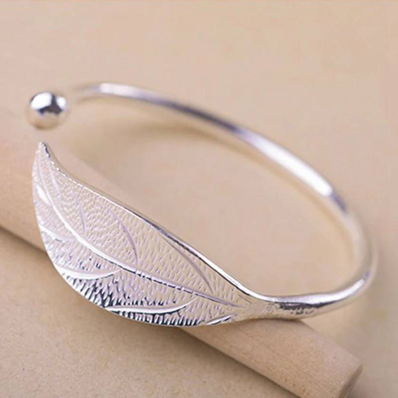 

Silver Plated Leaf Charm Bracelets & Bangles For Women Wedding Gift Adjustable Bracelet Pulseira Feminina Open Bracelet