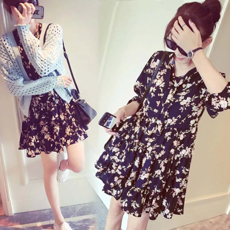 

2017 new spring and summer Korean female Floral Dress Chiffon loose A word size all-match bottom dress