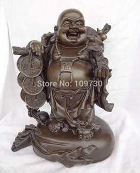 

001835 17" China Pure Bronze Fu Coin Happy Laughing Maitreya Buddha Statue On Money Bag