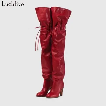 

Ladies Fetish Shoes Red black Slip On Celebrity over the knee long boots for Women high Heel runway design thigh high boots