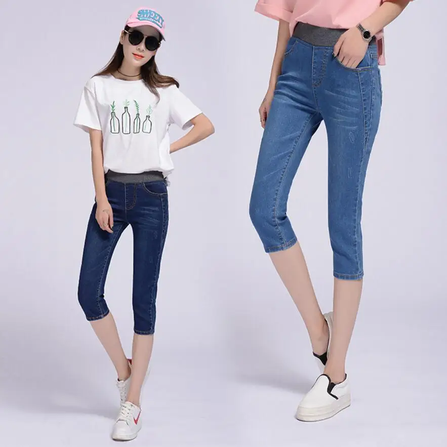 

6EXTRA LARGE Calf-Length Jeans Women's Summer Korean Version Elastic High Waist Slim Elastic Pencil Pants Plus Size 26-40