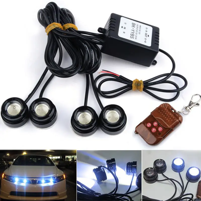 

Hot Sale! Super bright 4 x 3W Strobe Flash Eagle Eye LEDs Car Light with Wireless Remote waterproof DRL warning light bulb white