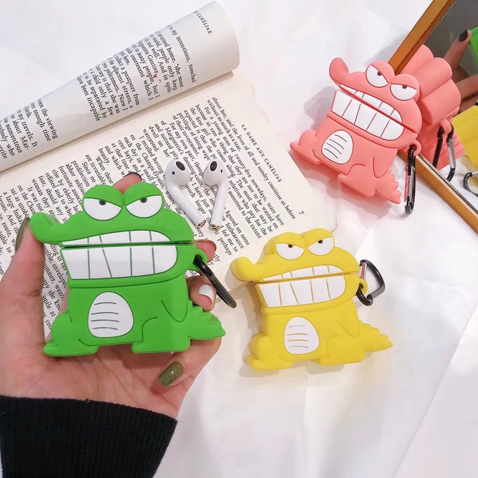 

For AirPods 1/2 Case Cute Cartoon Kawaii Crocodile Funny Earphone Cases For Apple Airpods 2 Protect Cover with Carabiner Hook