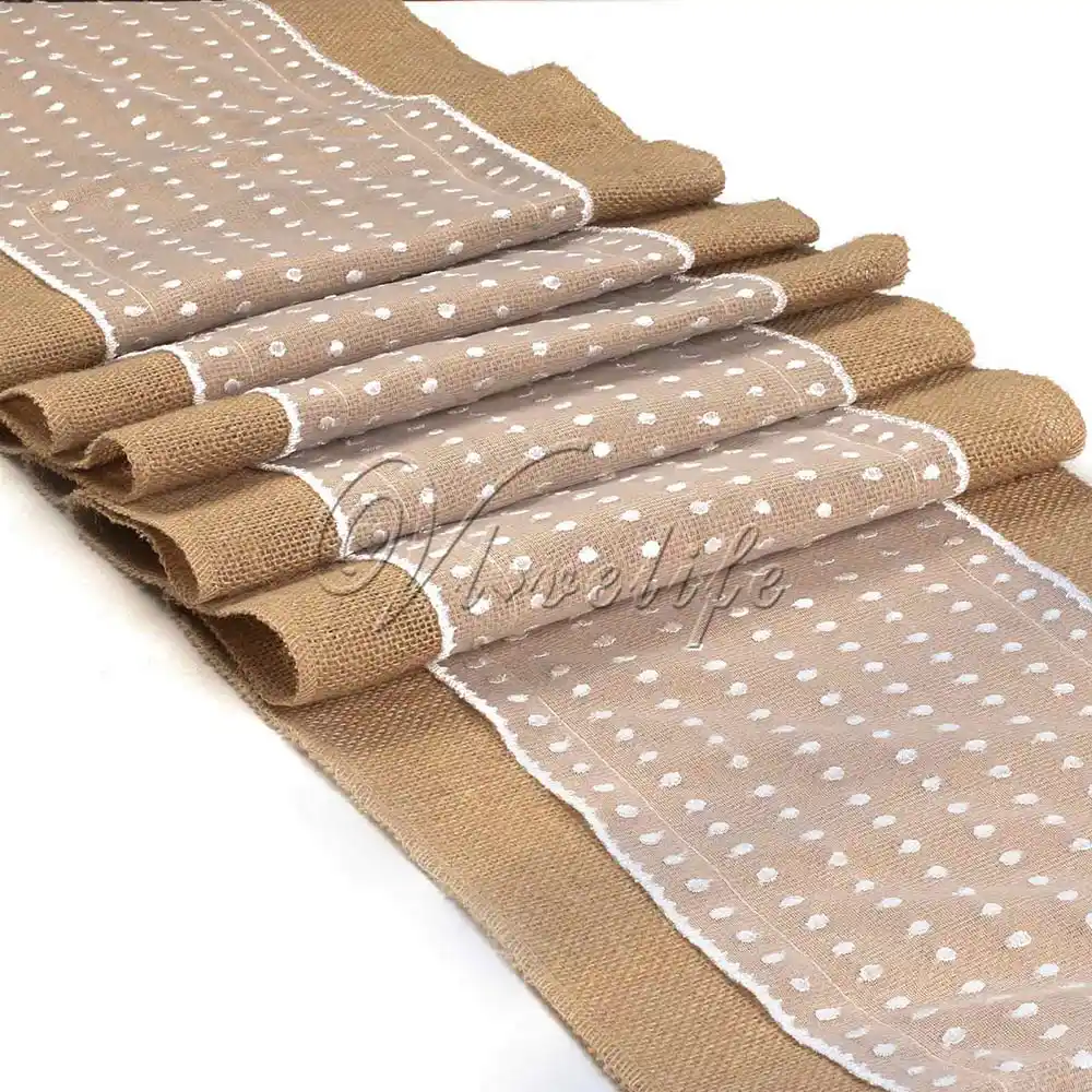1 5 10pcs Hessian Kain Tabel Pelari Dengan Polka Dot Renda 12 X 108 Untuk Pernikahan Tabel Dekorasi Rumah Pesta Banquet Supplies Table Runners Tablecloths Table Runner Greentable Hardware Aliexpress