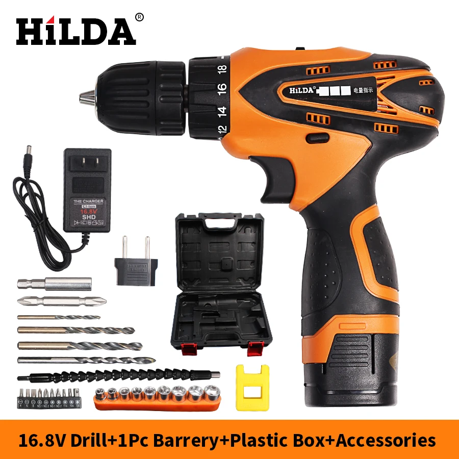 

HILDA 16.8V Electric Screwdriver Electric Drill Cordless Screwdriver with 1pc Lithium Battery 1pc Charger and Drill Bit Case