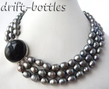 

3Strands 18'' 9.5mm Gray Rice Freshwater Pearl Necklace