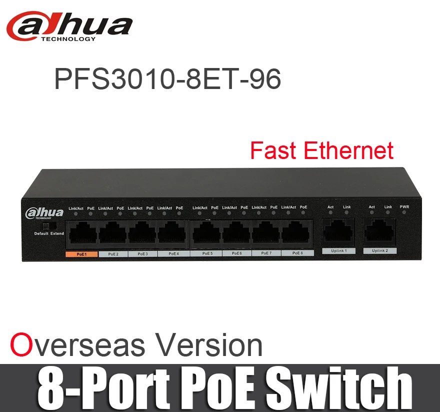 Dahue коммутатор питания через Ethernet PFS3010-8ET-96 8-Порты и разъёмы Fast Ethernet коммутатор питания через Ethernet 10/100/1000 Мбит/с sup Порты и разъёмы Hi-poe DH-PFS3010-8ET-96