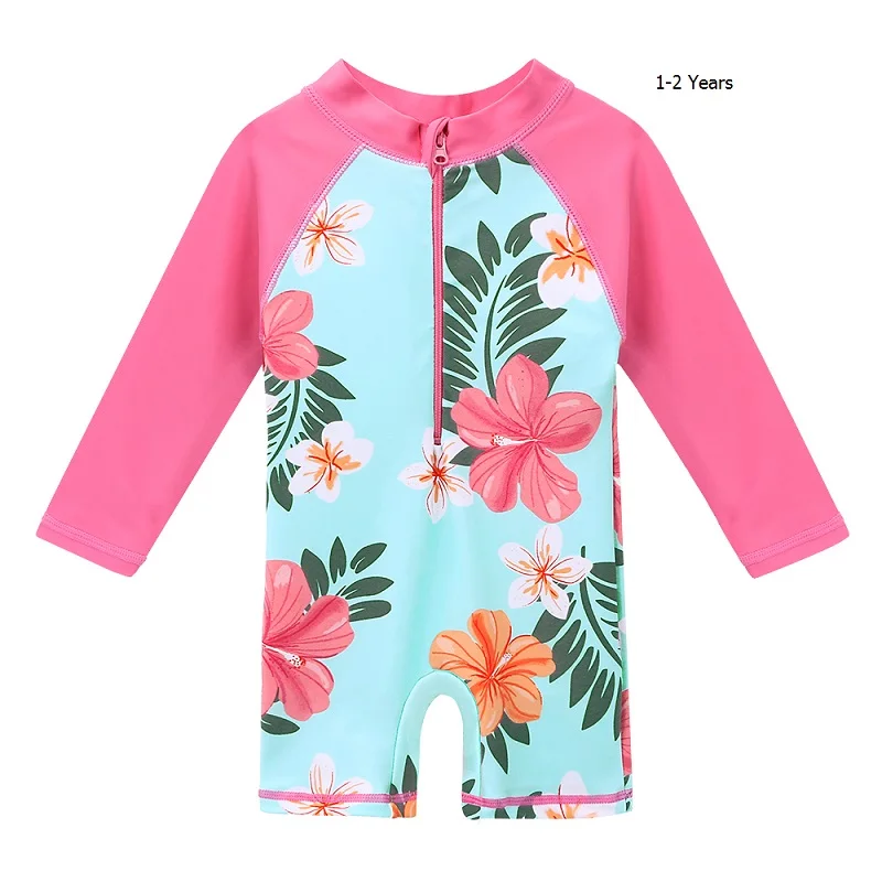 BAOHULU/розовый детский купальник принцессы с рисунком из мультфильма; Цельный Детский купальник с длинными рукавами; одежда для купания для мальчиков и девочек; одежда для купания для малышей - Цвет: 1-2 Years cyanflower
