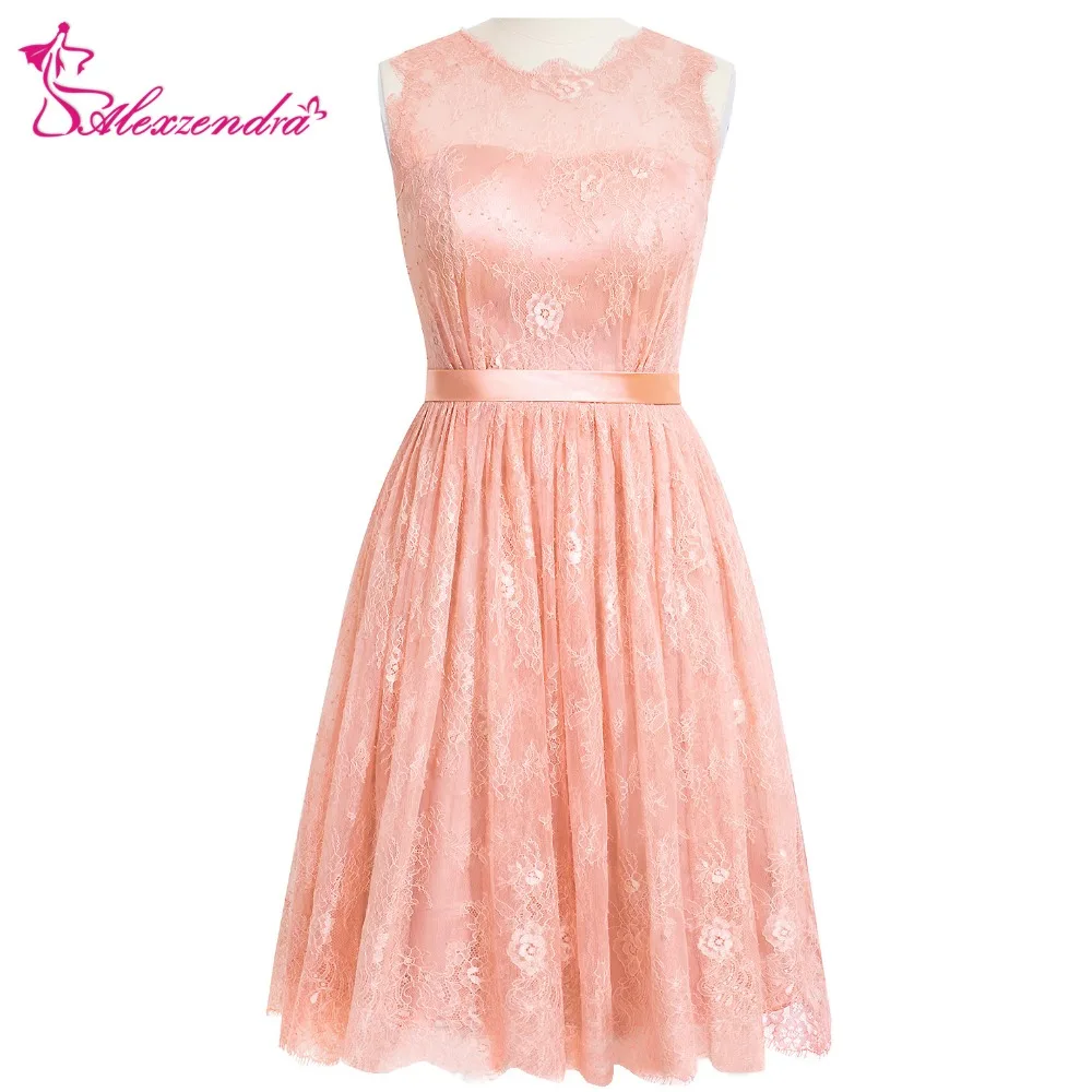 Alexzendra Pink Short Lace Bridesmaid Dresses with Sash Simple Knee Length Bridesmaids Gown Plus