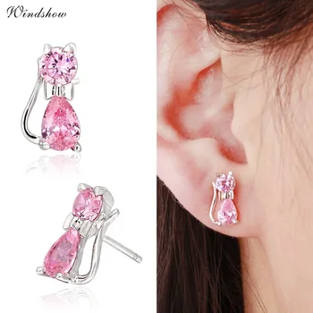 

Cute 925 Sterling Silver Pink CZ Zircon Kitty Cat Gato Stud Earrings For Women Children Girls Kids Jewellery Gift brinco pequeno
