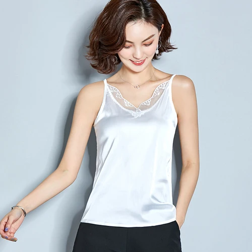 Белый summer tops for women New V-neck satin strap lace tank top hot women's clothing ashion sexy top women good vibes - Цвет: Белый