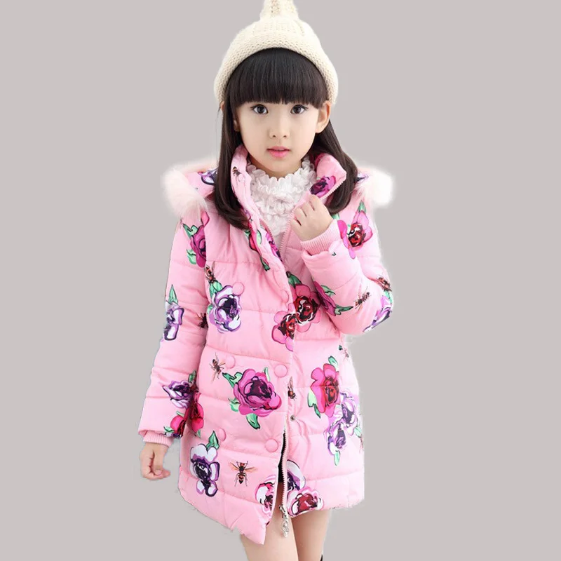 

2016 Winter Peony Flower Girls Coats Jacket Long Children Baby Clothes Thick Outdoor Hooded Faux Fur Collar Parka Clothing Q2085