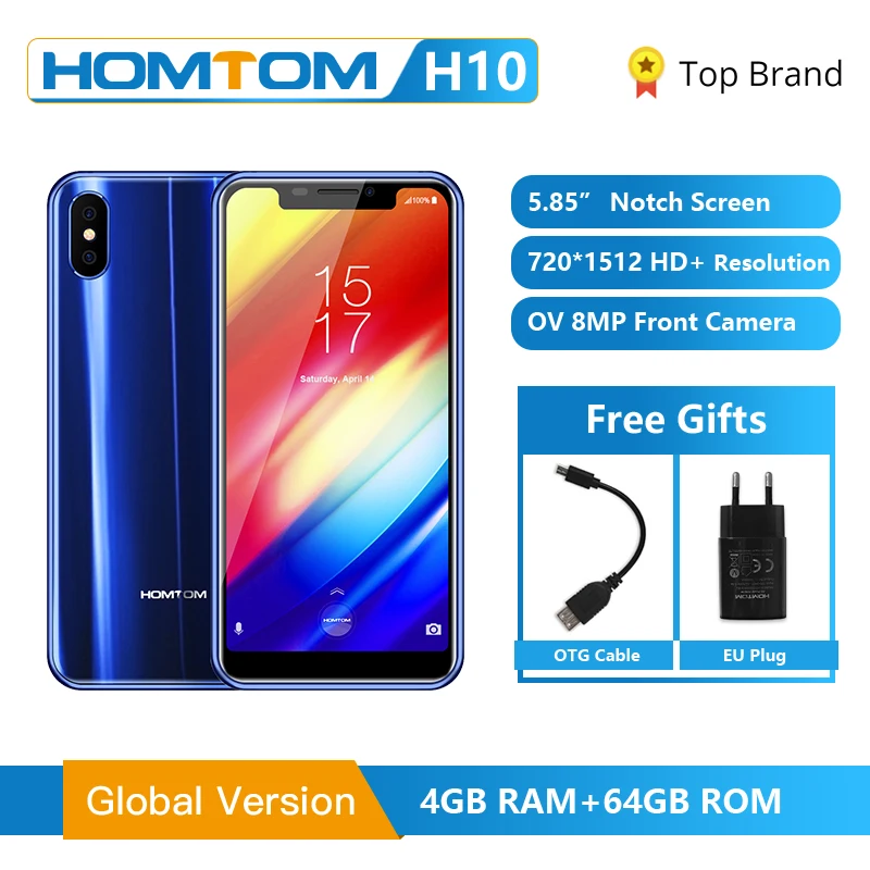 Мобильный телефон HOMTOM H10 с Нотч экраном 4 ГБ 64 ГБ, Android 8,1, распознавание лица, 4G, 5,85 дюймов, Восьмиядерный, 3500 мАч, 16 МП, боковой отпечаток пальца, Смарт