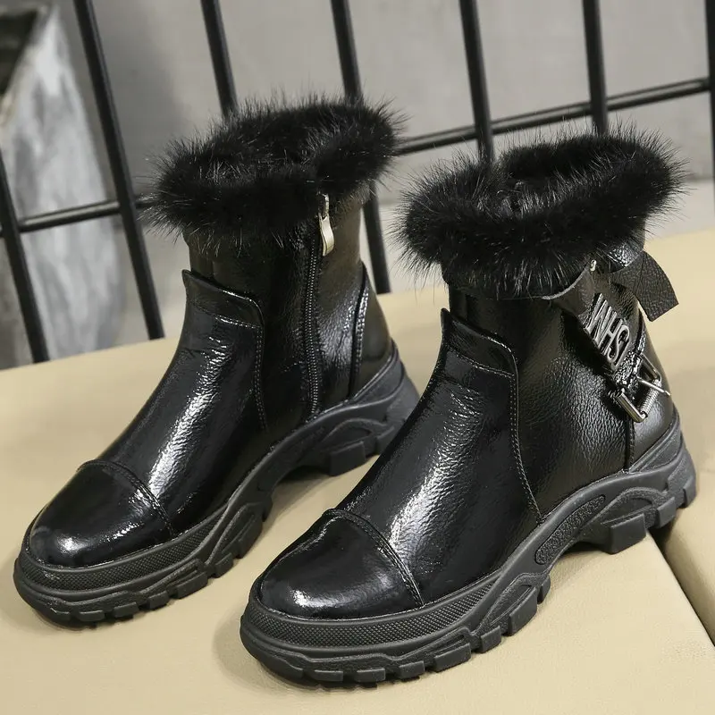 Новые модные зимние ботинки из натуральной кожи и натурального кроличьего меха; ботинки на толстой подошве; женские Ботинки martin на молнии; короткие ботильоны - Цвет: Черный