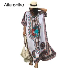 Ailunsnika Plus Size Women Summer African Ethnic Print Kaftan Maxi Dress 2018 Summer Loose Vintage Boho