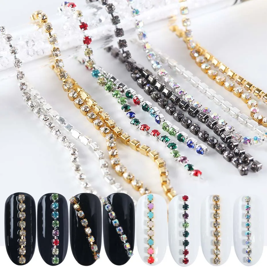 

6pcs Diamond Chain Nail Art Rhinestones 3D Colorful Jewelry Gold Edge Zircon Metal Chain Crystal Decorations Accessories JI799