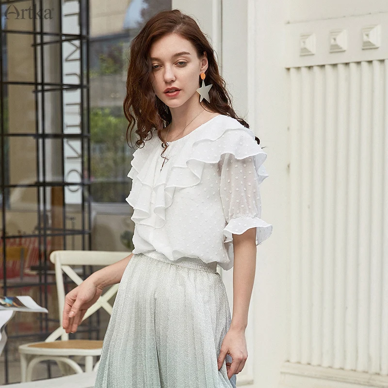 

ARTKA 2019 Summer New Womens Tops And Blouses Ruffled Chiffon Half Sleeve Shirt O-Neck Elegant Blouse For Women SA11395X