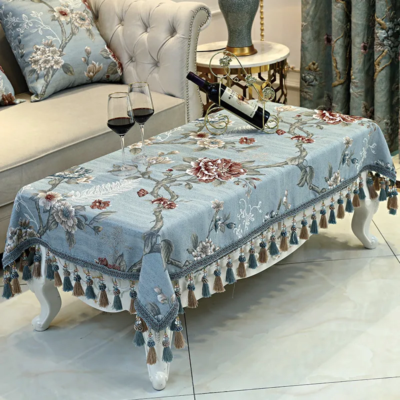 

Multifunction Luxury Table Cloth Cover Blue Flowers Rectangular Household Tea Tablecloth Tapete Tassel Toalha De Mesa Dust Cloth