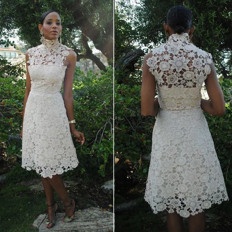 

Vintage 1950s Lace Wedding Dresses High Neck Sleeveless Short Wedding Dress Tea Length Simple Bridal Dresses Vestido De Noiva
