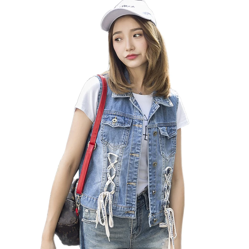 2018 Fashion Denim Vests Women Summer Autumn Lace Up Vest women Casual